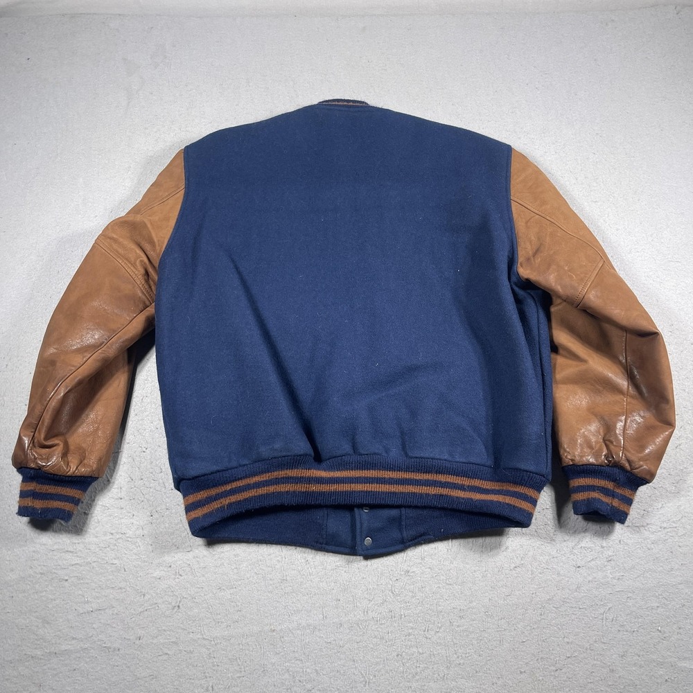 Butwin Varsity Jacket Men Large Regular Navy Blue Tan Leather Sleeve Vintage 90s - Picture 11 of 11